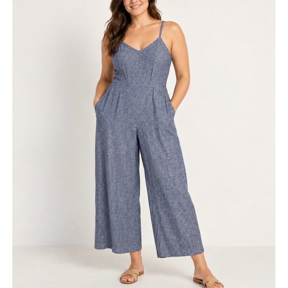 Old Navy Womens Blue Linen Blend Wide Leg Cami Jumpsuit Large Medium Wash 672948